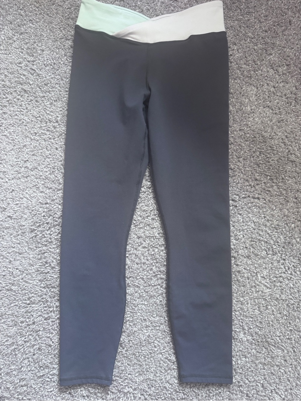 Fabletics Women’s' Black Leggings with Contrasting White-Mint Waistband-Small